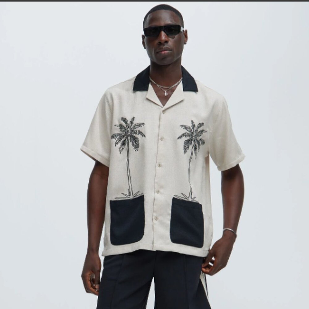 *Bundle* Malibu Sz Med Palm Tree Embroidered Shirt w/Black Pants